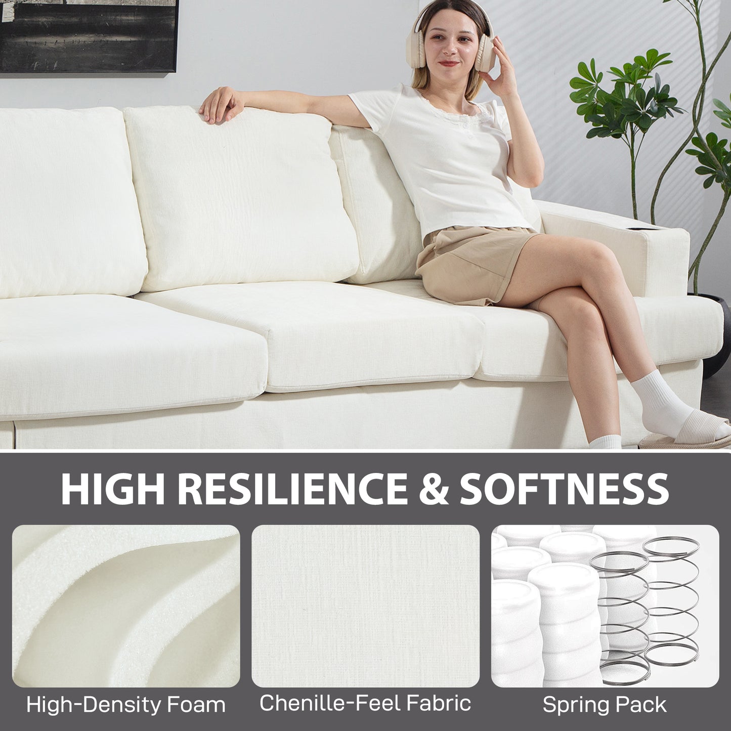 Suvazi White 3 Seater Sofa With Integrated USB Ports And Cup Holders