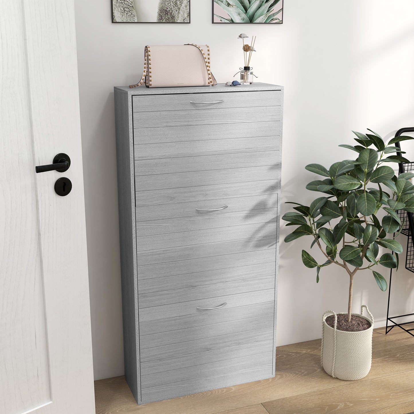 Makahi Grey Wood Effect Shoe Cabinet Flip Drawer Storage for 12 Pairs