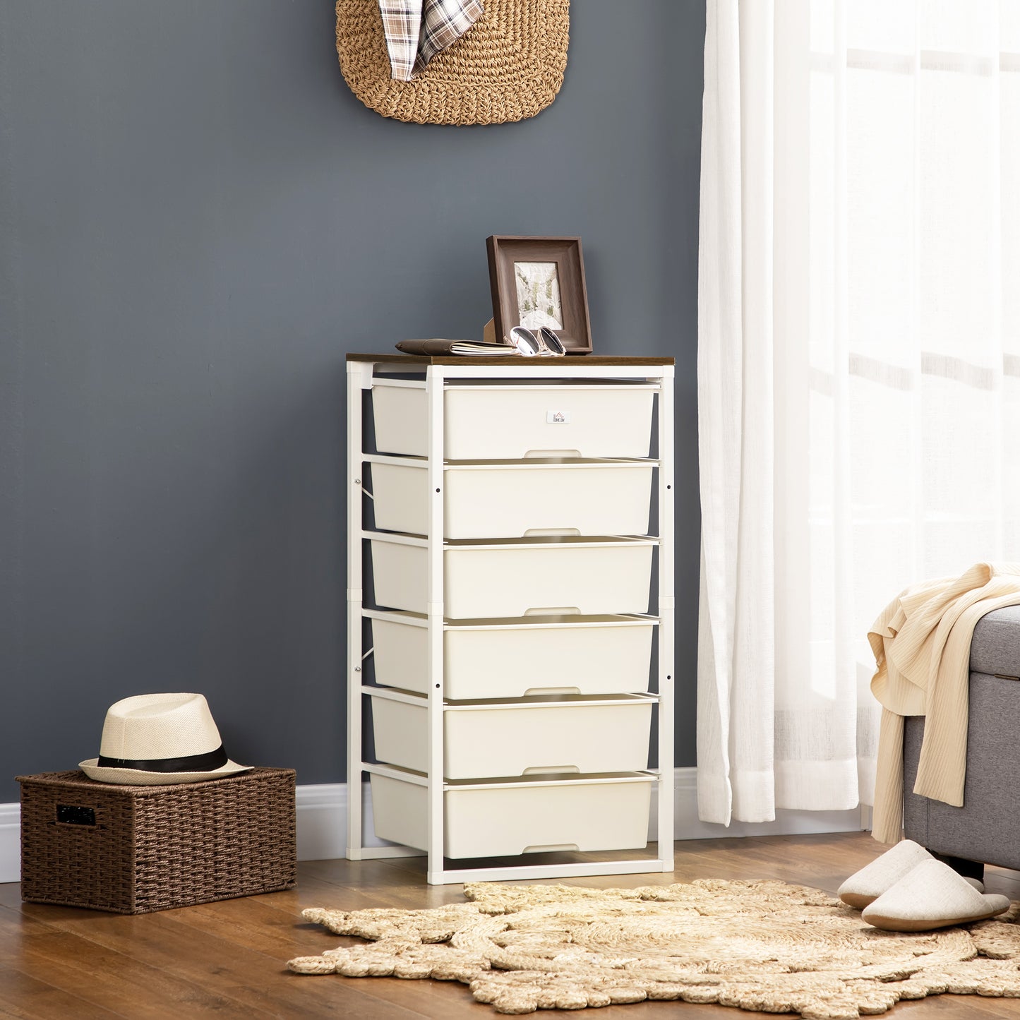 Kedina Metal And Wood White Tall 6 Drawer Storage Chest With Steel Frame