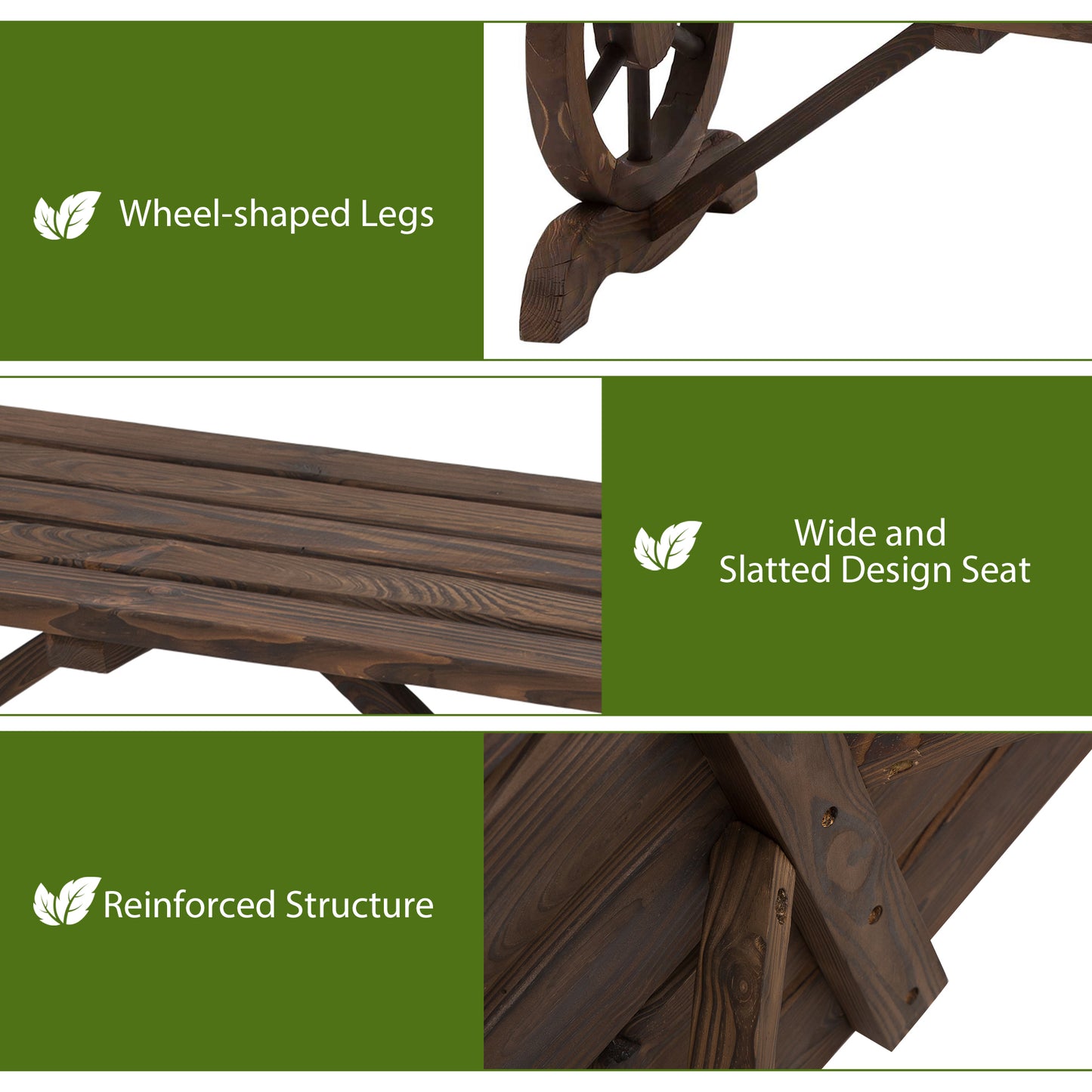 Vini Wood Brown Rustic Garden Bench With Wagon Wheel Legs And Slatted Seat For 2