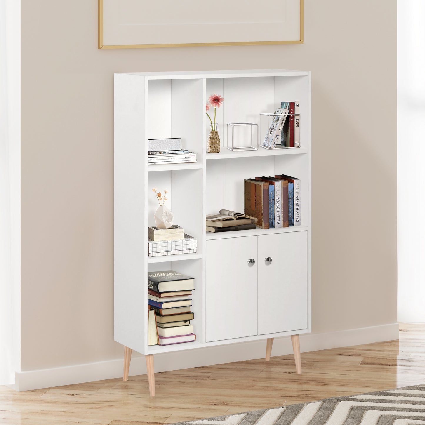 Tora Lesa Wood White Sideboard Bookcase With 2 Doors And 5 Storage Compartments
