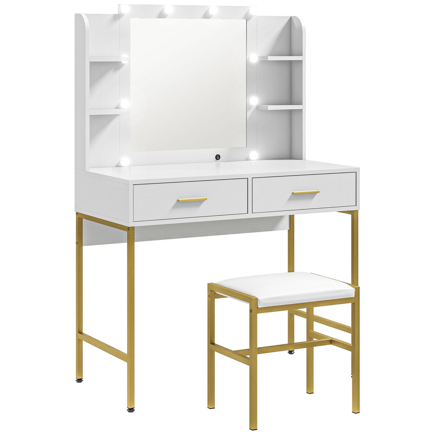 Doraro White LED Dressing Table With Lighted Mirror Cushioned Stool Drawers And Shelves