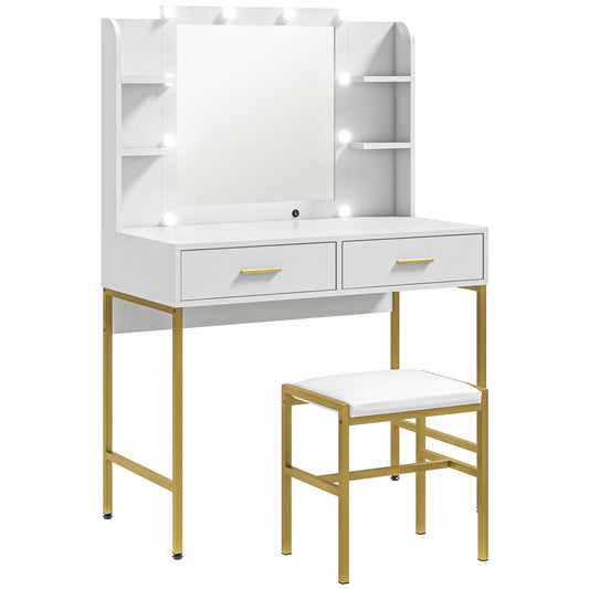 Doraro Sefi White LED Dressing Table With Lighted Mirror Cushioned Stool Drawers And Shelves
