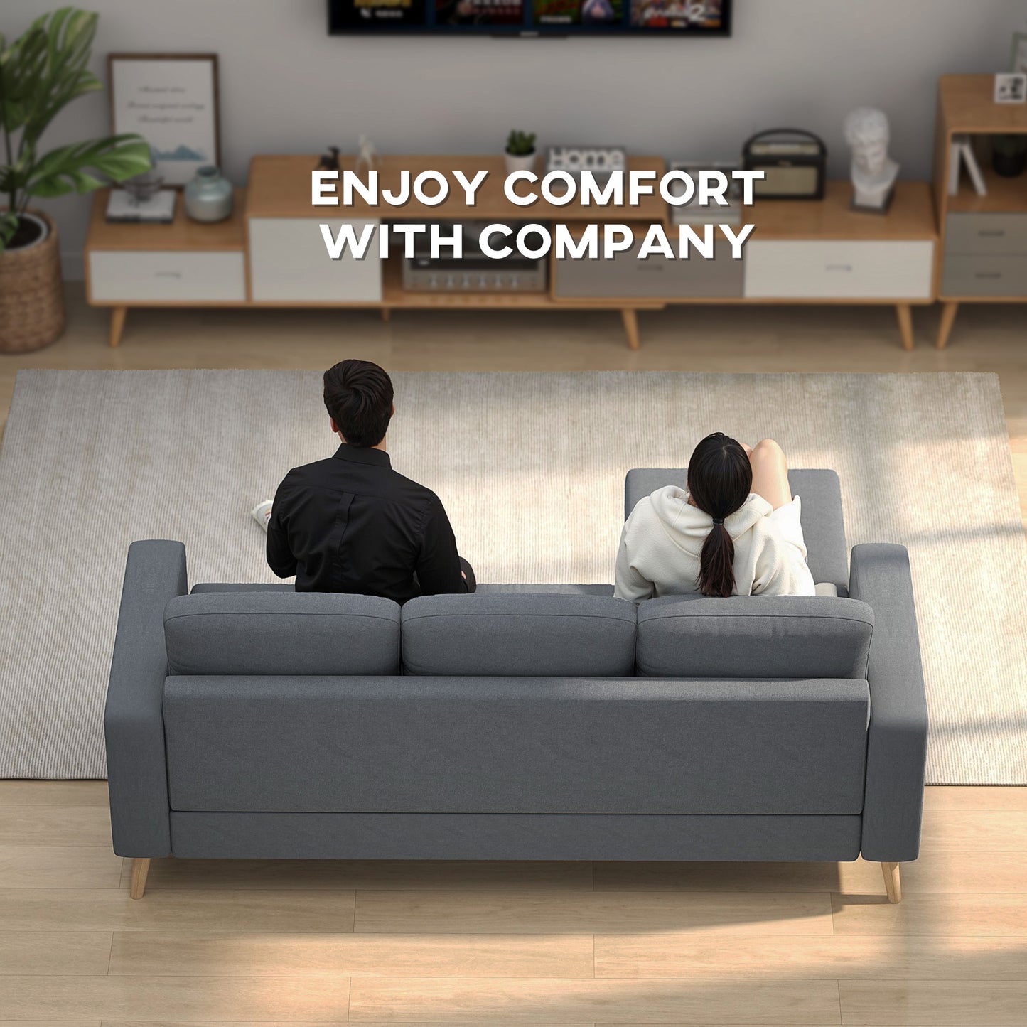 Tafave Fabric Dark Grey L Shaped Corner Sofa With Footstool Tufted Back And Wooden Legs