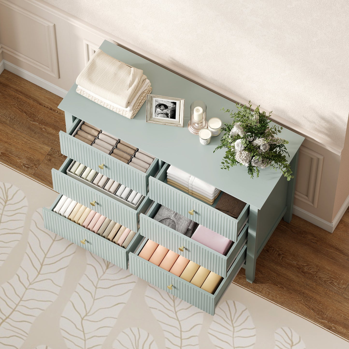 Visalo Wooden Mint Green 6 Drawer Fluted Storage Dresser