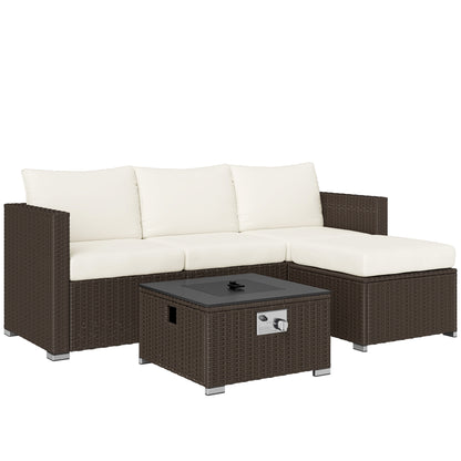Dirone Rattan Brown And Cream 4 Seater Garden Furniture Set With Gas Fire Pit Table And Footstool