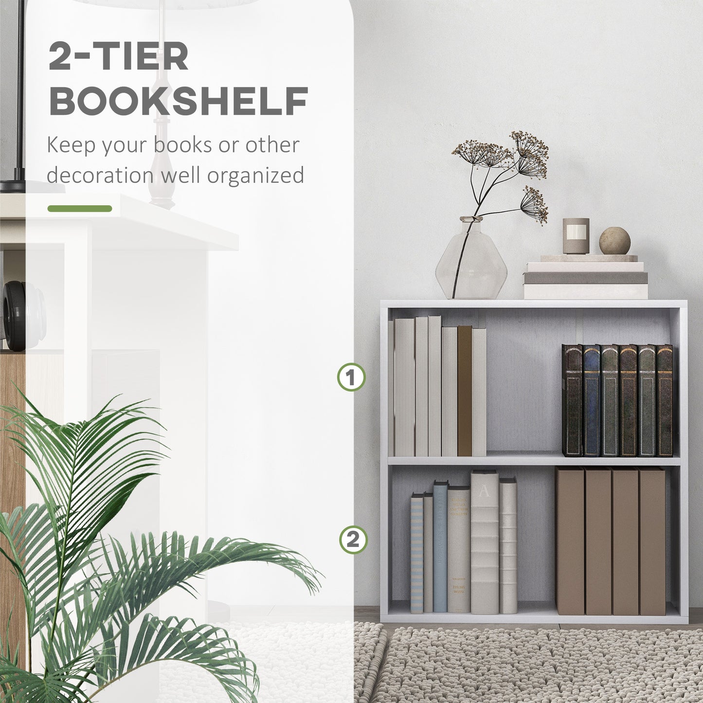 Ralafi Wood White Low 2 Tier Bookcase With Adjustable Shelves