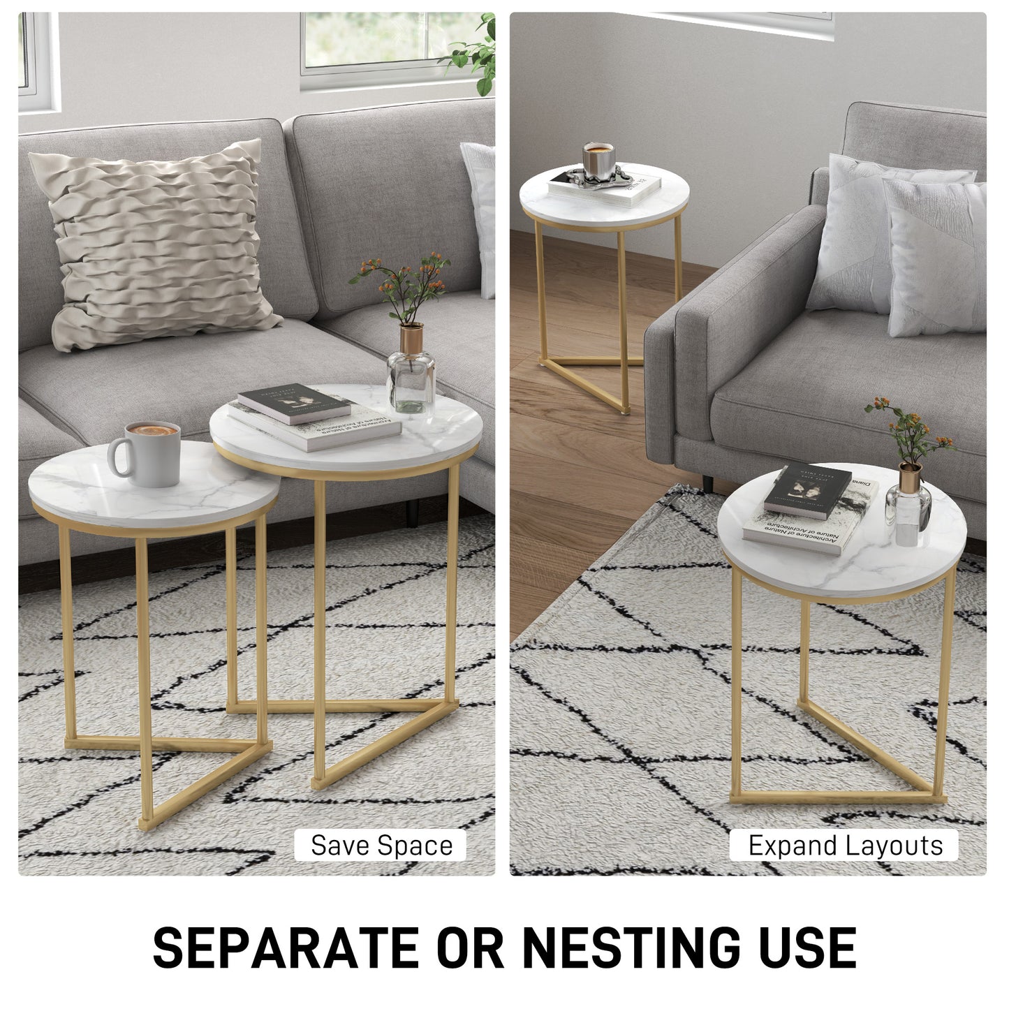 Keroro Set Of 2 Nesting Tables Metal And Marble Effect White And Gold