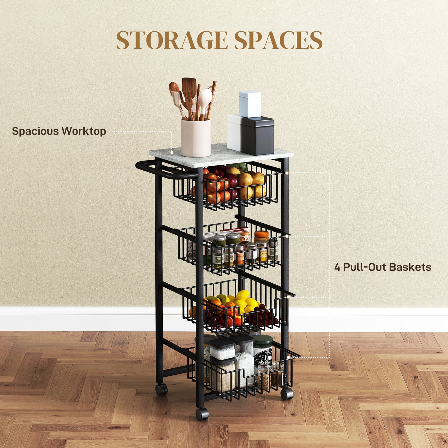 Fimado Metal Grey And Black 4 Basket Mobile Kitchen Trolley With Locking Wheels