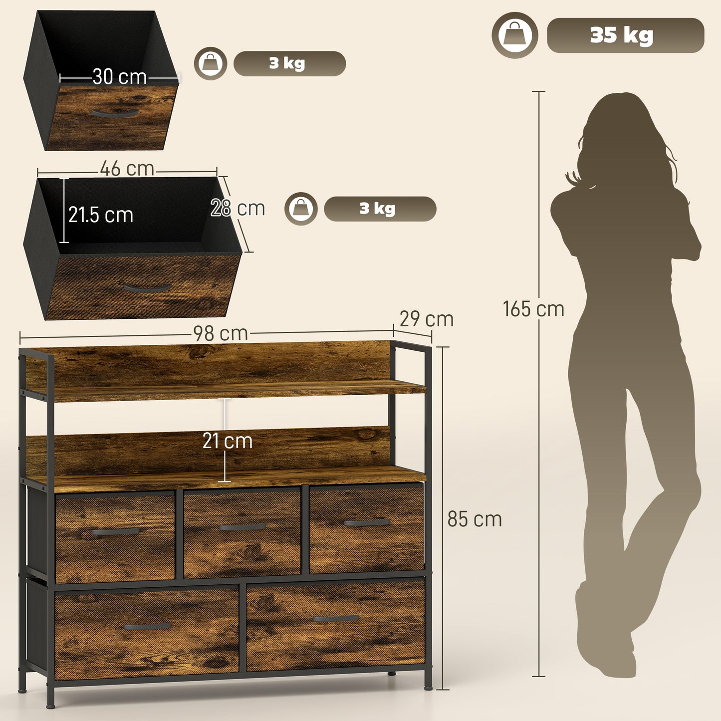 Yoyota Fabric And Wood Rustic Brown 5 Drawer Rustic Storage Chest