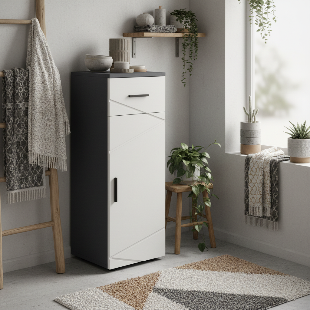 Gazzeta Slim Grey Bathroom Storage Cabinet With Drawer Cupboard Adjustable Shelves And Soft Close Door