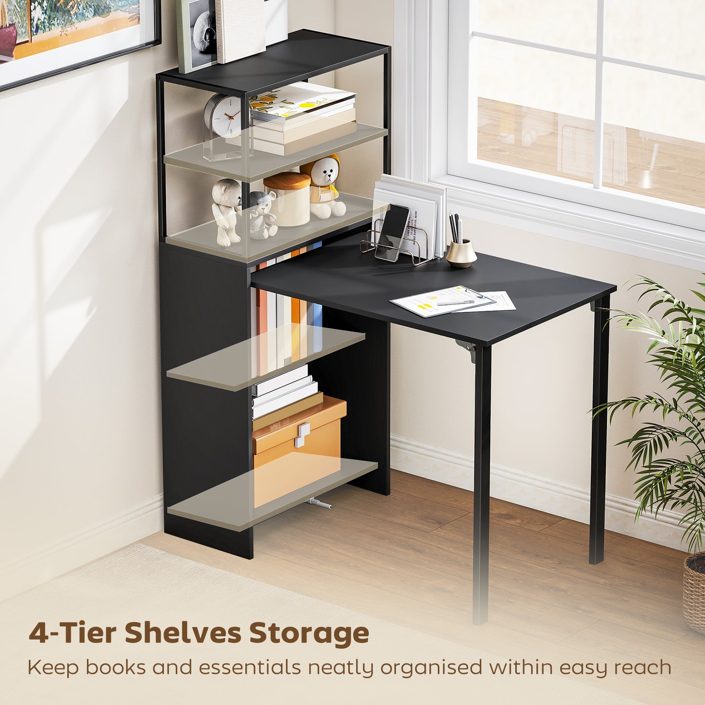 Serana 105cm Wooden Black Folding Work Table With Integrated Shelving