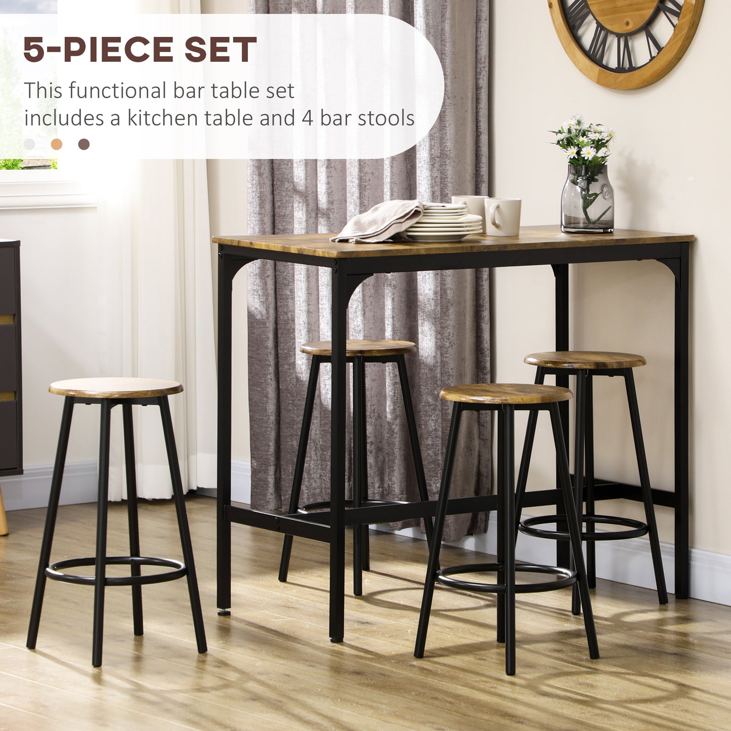 Soka Wooden Brown And Black 5 Piece Industrial Bar Table And Stool Set