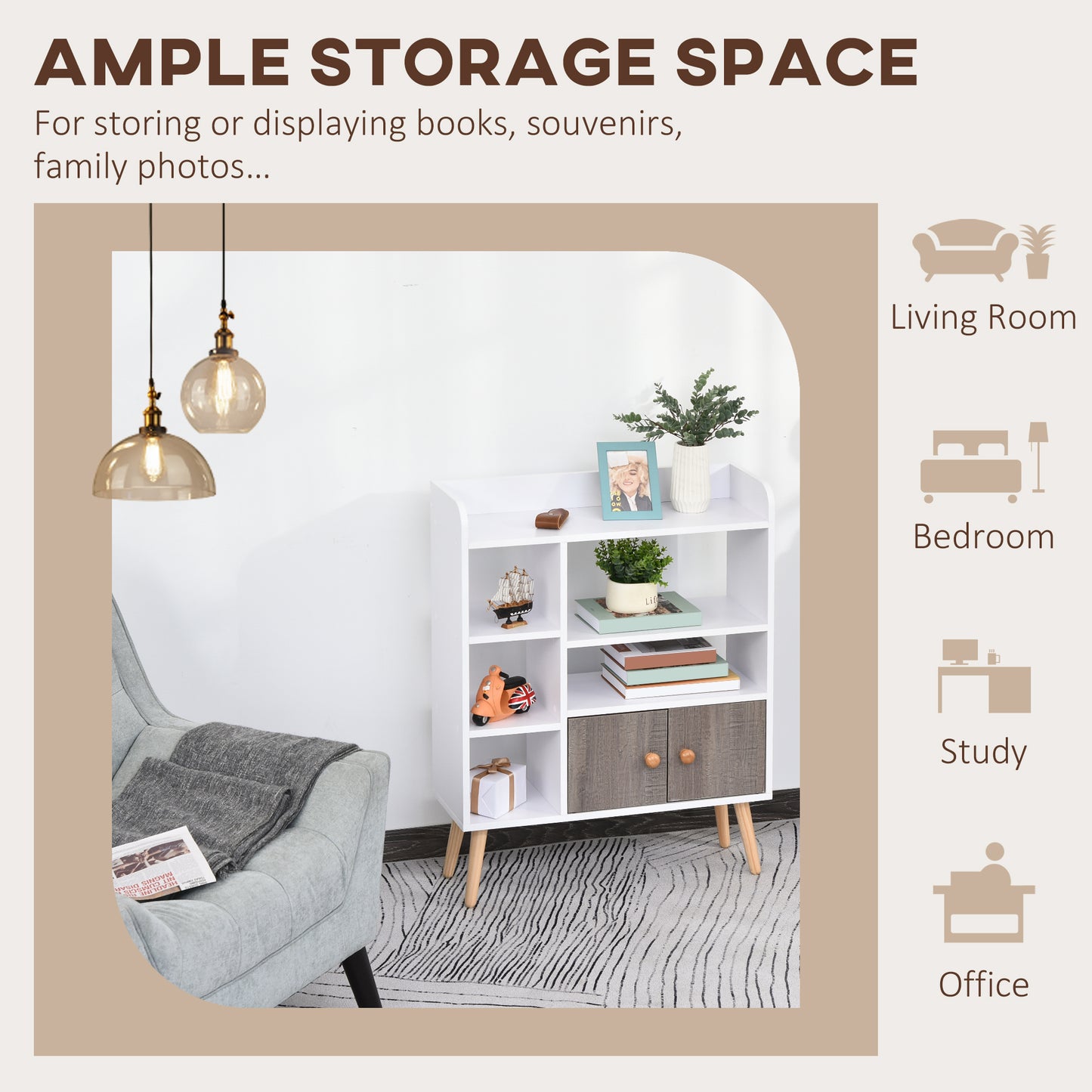 Eltano Wood And Metal White And Grey Freestanding Bookcase With Storage Cabinet And Legs