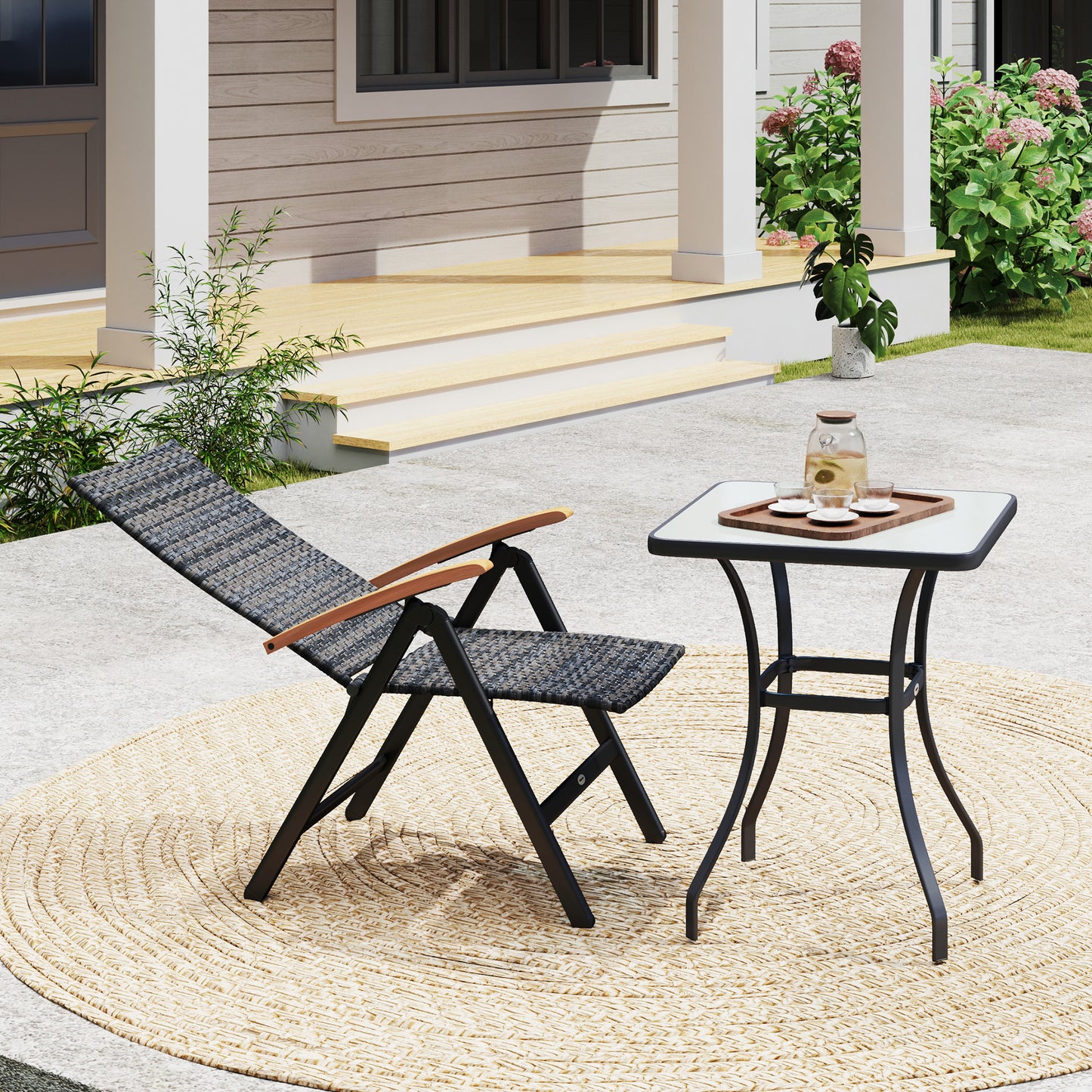 Coco Rattan Mixed Grey Folding Garden Dining Chair With High Back And Wood Armrests
