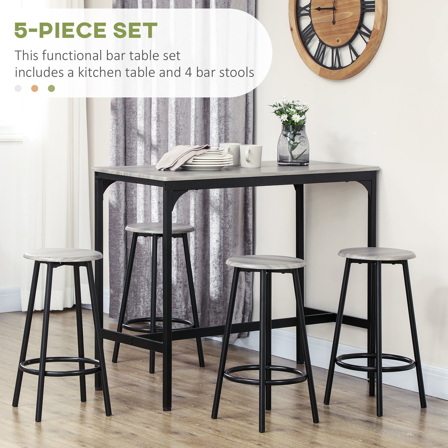 Finani Wooden Grey And Black 5 Piece Industrial Bar Table And Stool Set