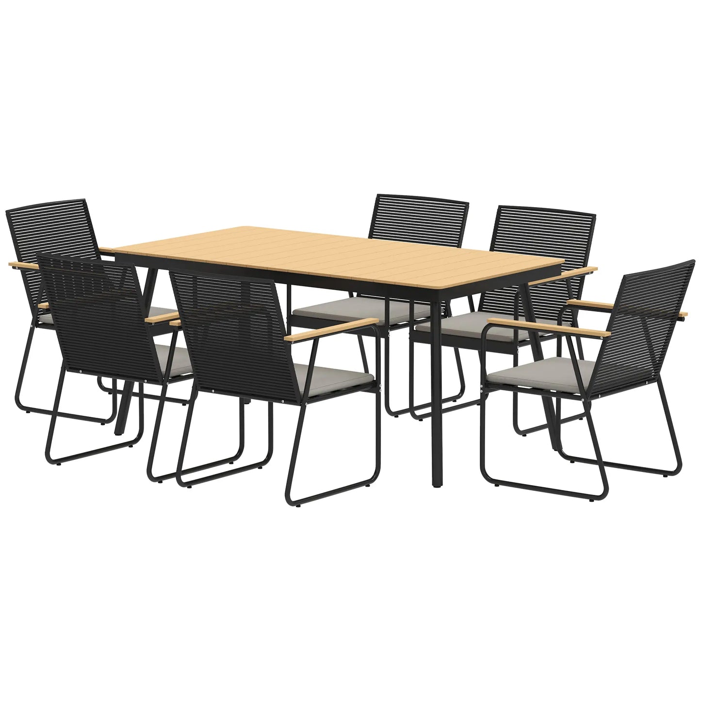 Karutte 6 Seater Garden Dining Set featuring Soft Cushions Rattan Backrest Rectangular Plastic Top Garden Furniture Set Outdoor Dining Table & Chairs for Patio Balcony Poolside Nature Wood Finish