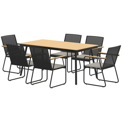 Karutte 6 Seater Garden Dining Set featuring Soft Cushions Rattan Backrest Rectangular Plastic Top Garden Furniture Set Outdoor Dining Table & Chairs for Patio Balcony Poolside Nature Wood Finish