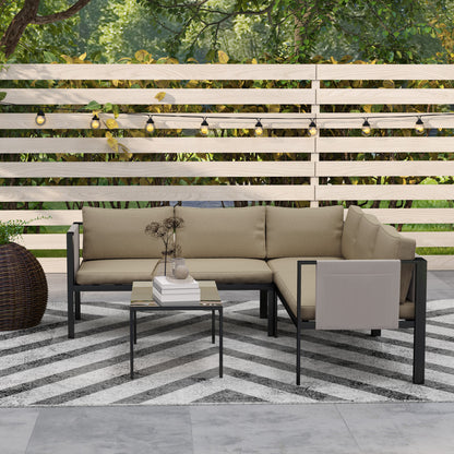 Cichetti Beige 5 Seater Corner Garden Sofa Set With Glass Top Coffee Table And Cushions