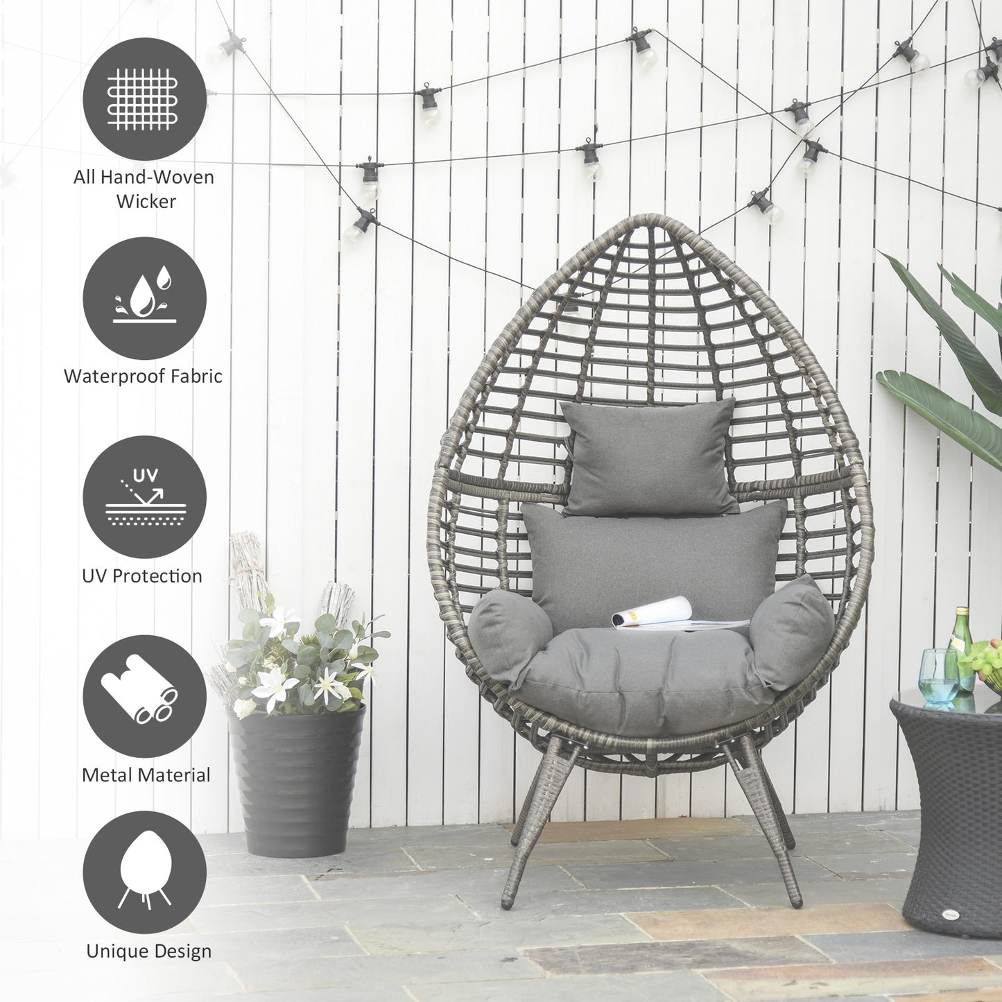 Luyono Rattan Rope Grey Teardrop Outdoor Egg Chair With Cushions