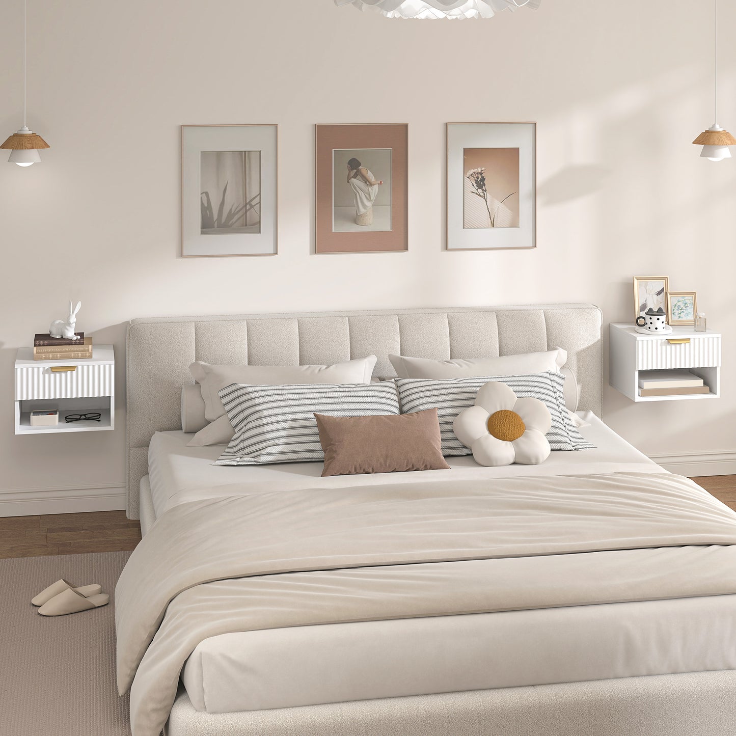 Ludi Set Of 2 Wooden White Wall Mounted Bedside Tables With Fluted Drawer And Shelf