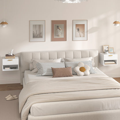 Ludi Set Of 2 Wooden White Wall Mounted Bedside Tables With Fluted Drawer And Shelf