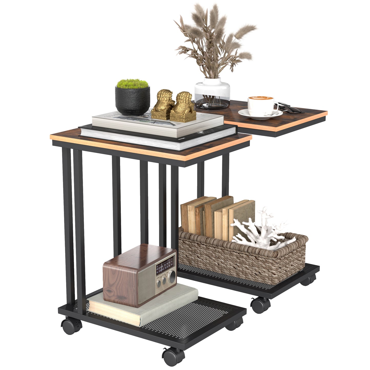 Fane  Set Of 2 Metal And Wooden Rustic Brown Mobile Side Tables With Shelf C Shaped