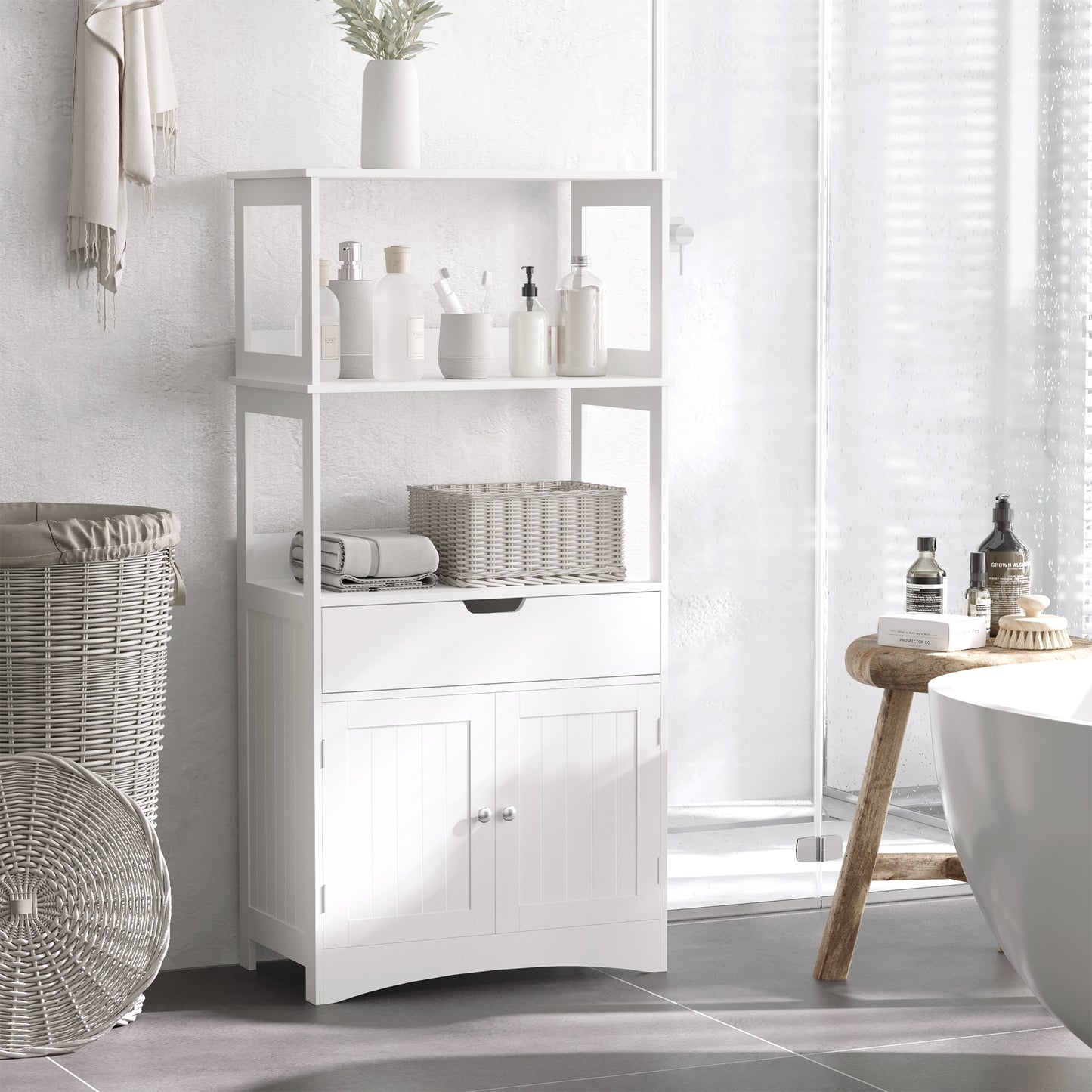 Disarike White Freestanding Storage Cabinet With Shelves Drawers And Double Doors For Bathroom Or Kitchen