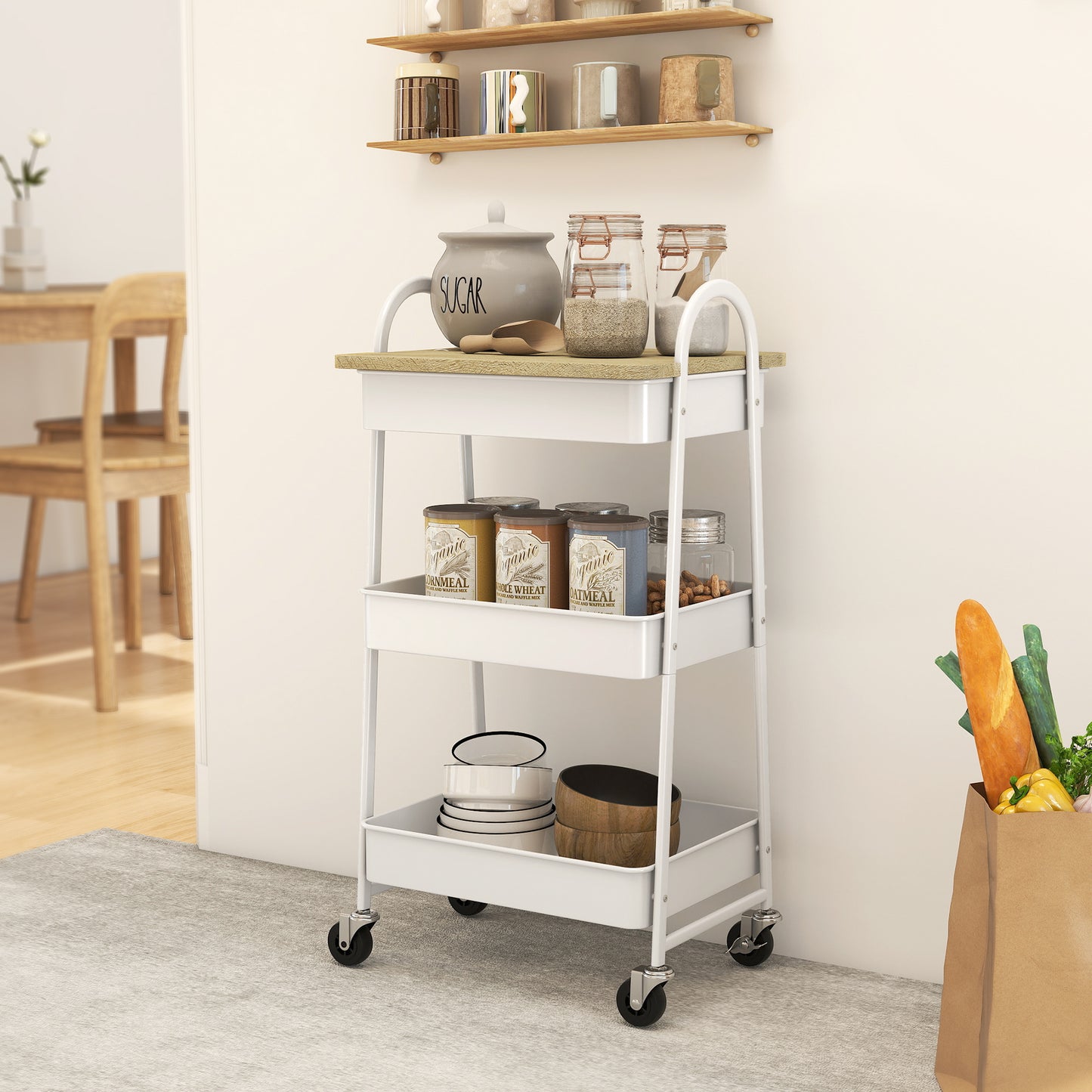Satoro Wooden White And Oak 3 Tier Kitchen Trolley With Covered Top