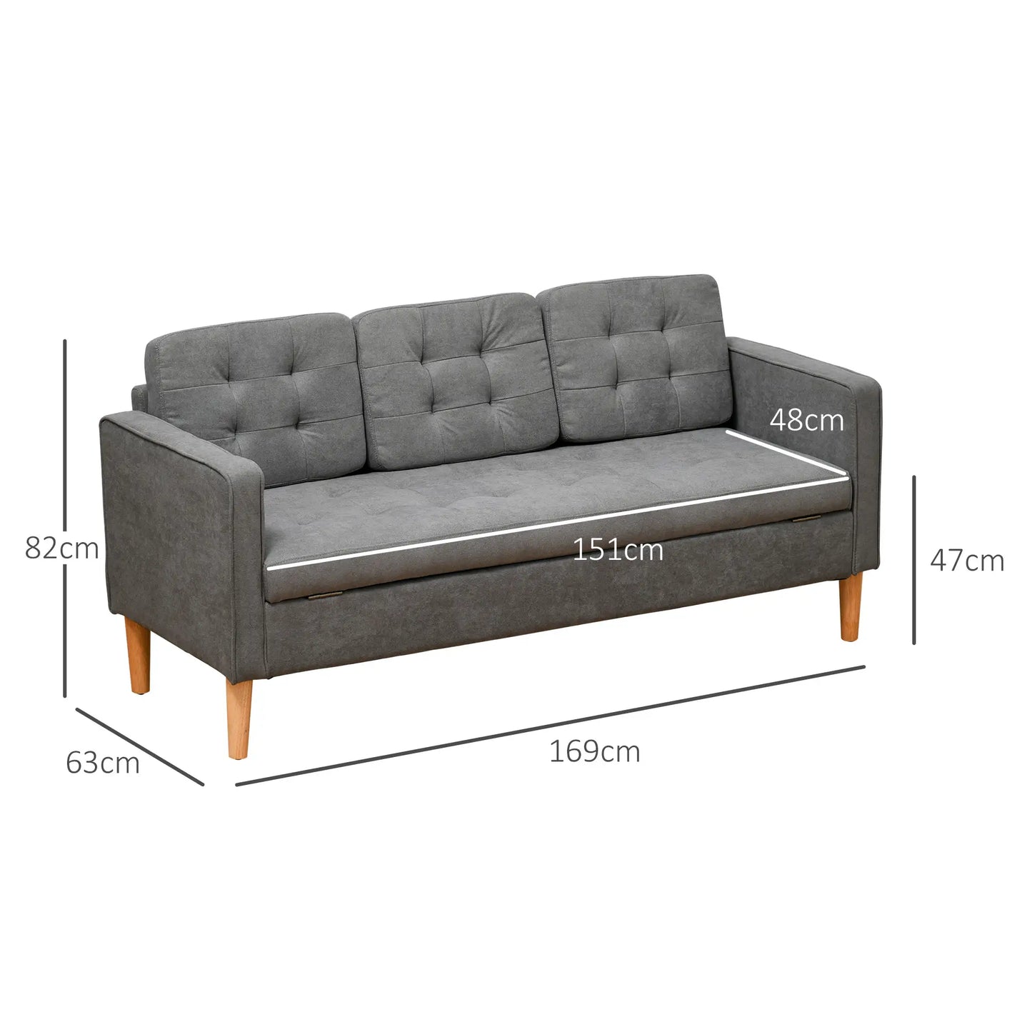Fabric Grey 3 Seater Sofa With Hidden Storage Tufted Seat And Wooden Legs