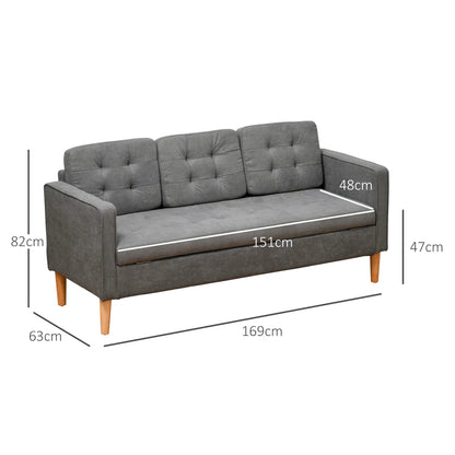 Fabric Grey 3 Seater Sofa With Hidden Storage Tufted Seat And Wooden Legs