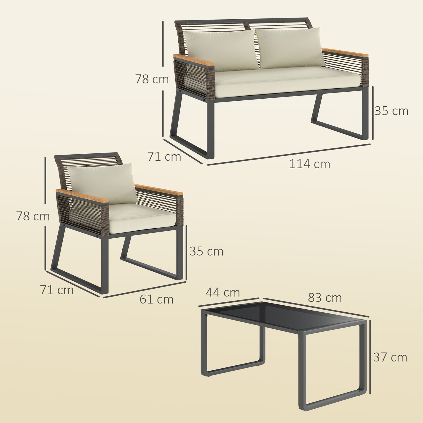 Rimodo Rope Wicker Grey 4 Seater Outdoor Garden Furniture Set With Glass Coffee Table