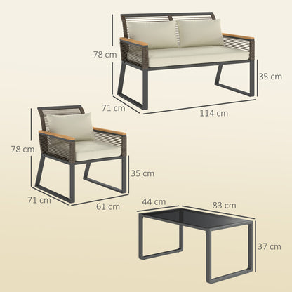 Rimodo Rope Wicker Grey 4 Seater Outdoor Garden Furniture Set With Glass Coffee Table