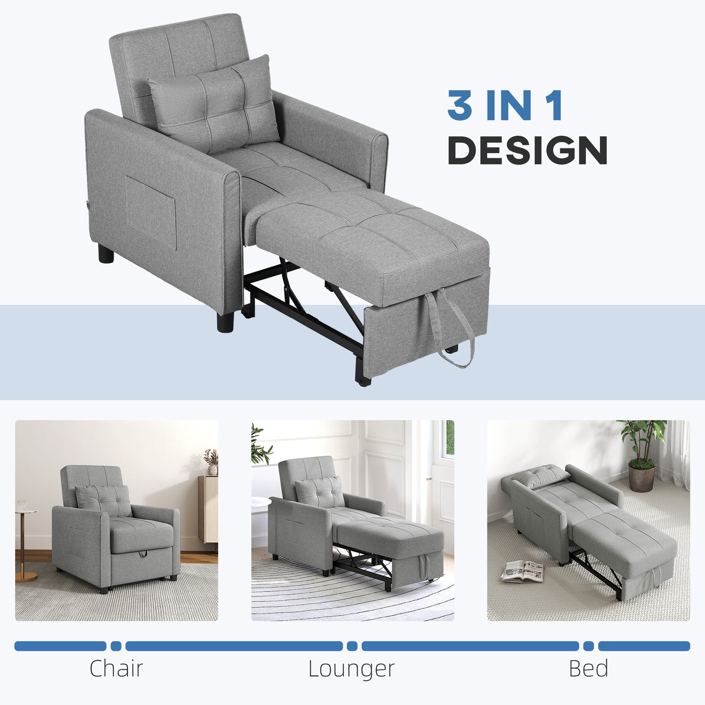 Vayopa Linen Look Light Grey Single Sleeper Chair