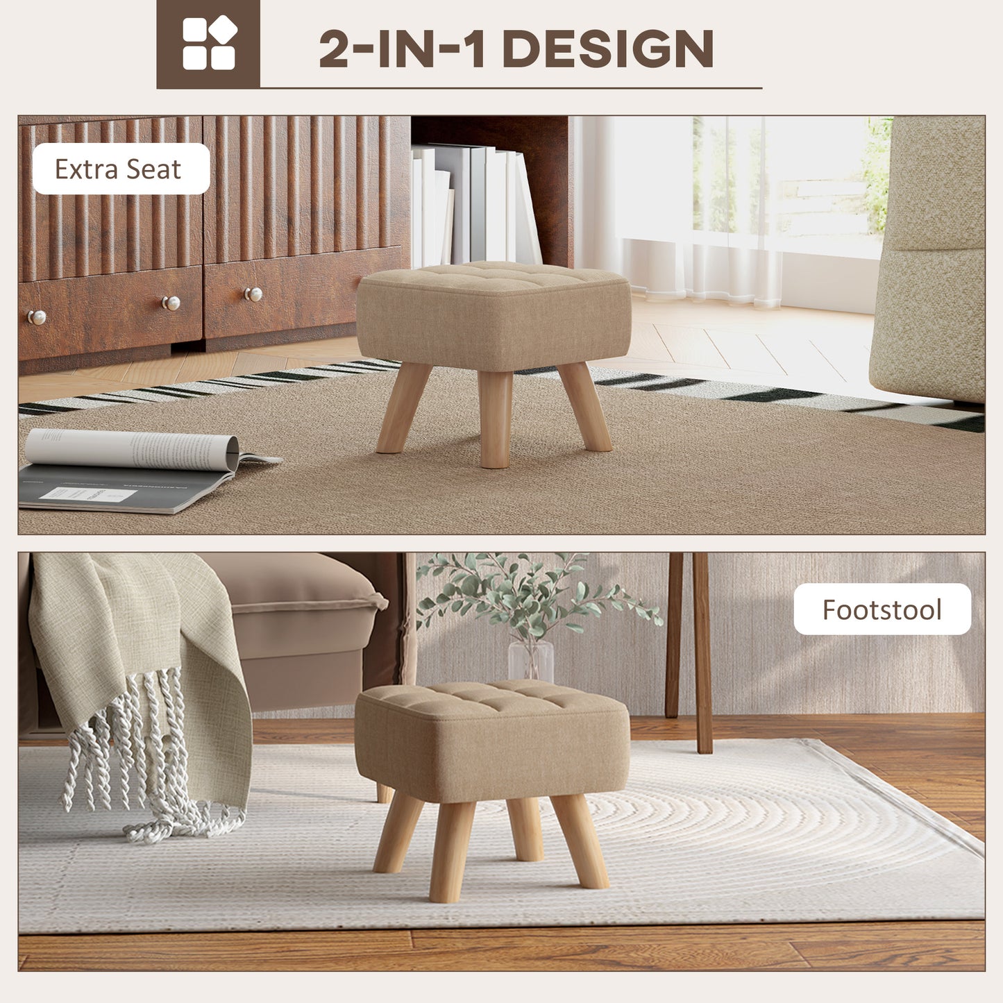 Luluva Linen Look Brown Square Padded Footstool Diamond Tufted