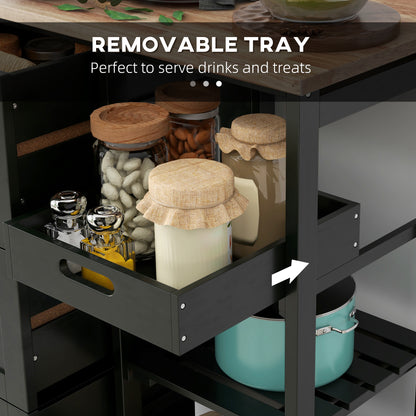 Tovafi Wooden Black Compact Rolling Kitchen Island With Wood Top Shelves And Drawers