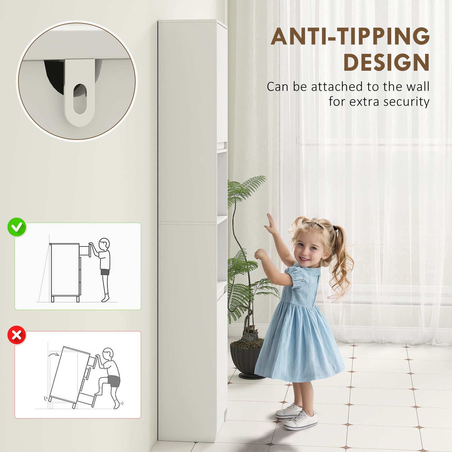 Fibava Slim Freestanding Bathroom Storage Cabinet With OFauxn Compartment Adjustable Shelves White 30 x 24 x 170 cm