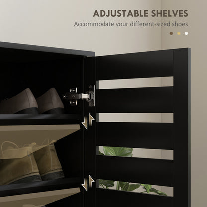 Kamoza Black Wooden White Slim Entryway Shoe Cabinet With 5 Tier Storage And Slatted Doors