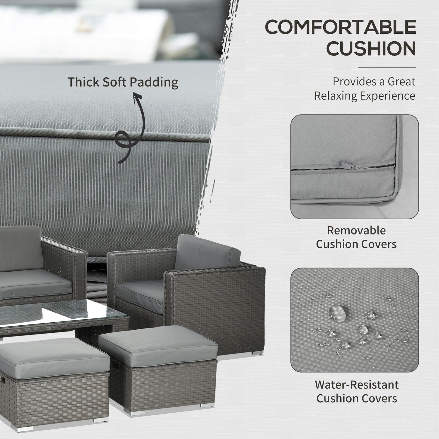 Reelne 6 Seater Rattan Grey Outdoor Sofa Set With Aluminium Frame Loveseat Stools And Table