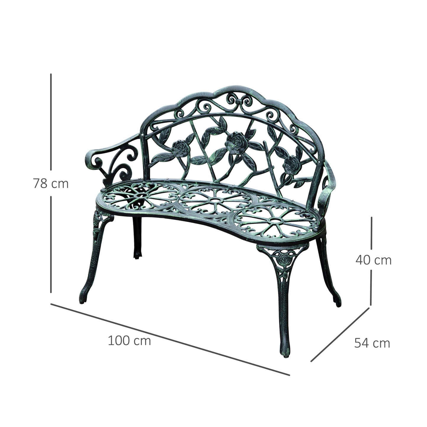 Rakeba Cast Aluminium Antique Green 2 Seater Garden Bench With Floral Backrest