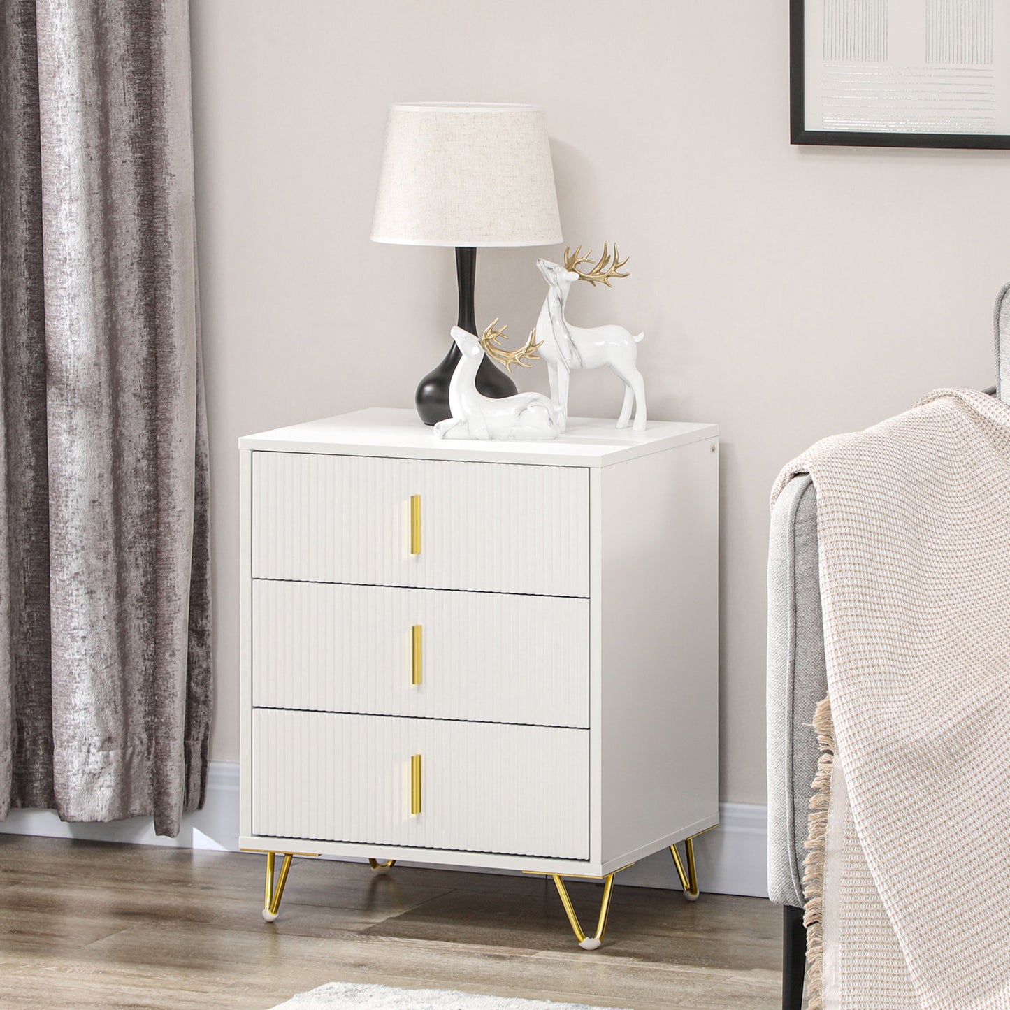 Renina Set Of 2 Wooden White and Gold Tone 3 Drawer Elegant Storage Bedside Tables