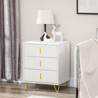 Renina Set Of 2 Wooden White and Gold Tone 3 Drawer Elegant Storage Bedside Tables