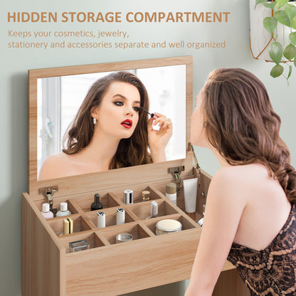 Nolena Natural Wood Vanity Desk With Flip Mirror Cushioned Stool And Storage