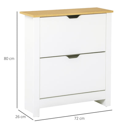 Eldino Wooden White and Natural Slim Shoe Cabinet With 2 Flip Drawers For 12 Pairs