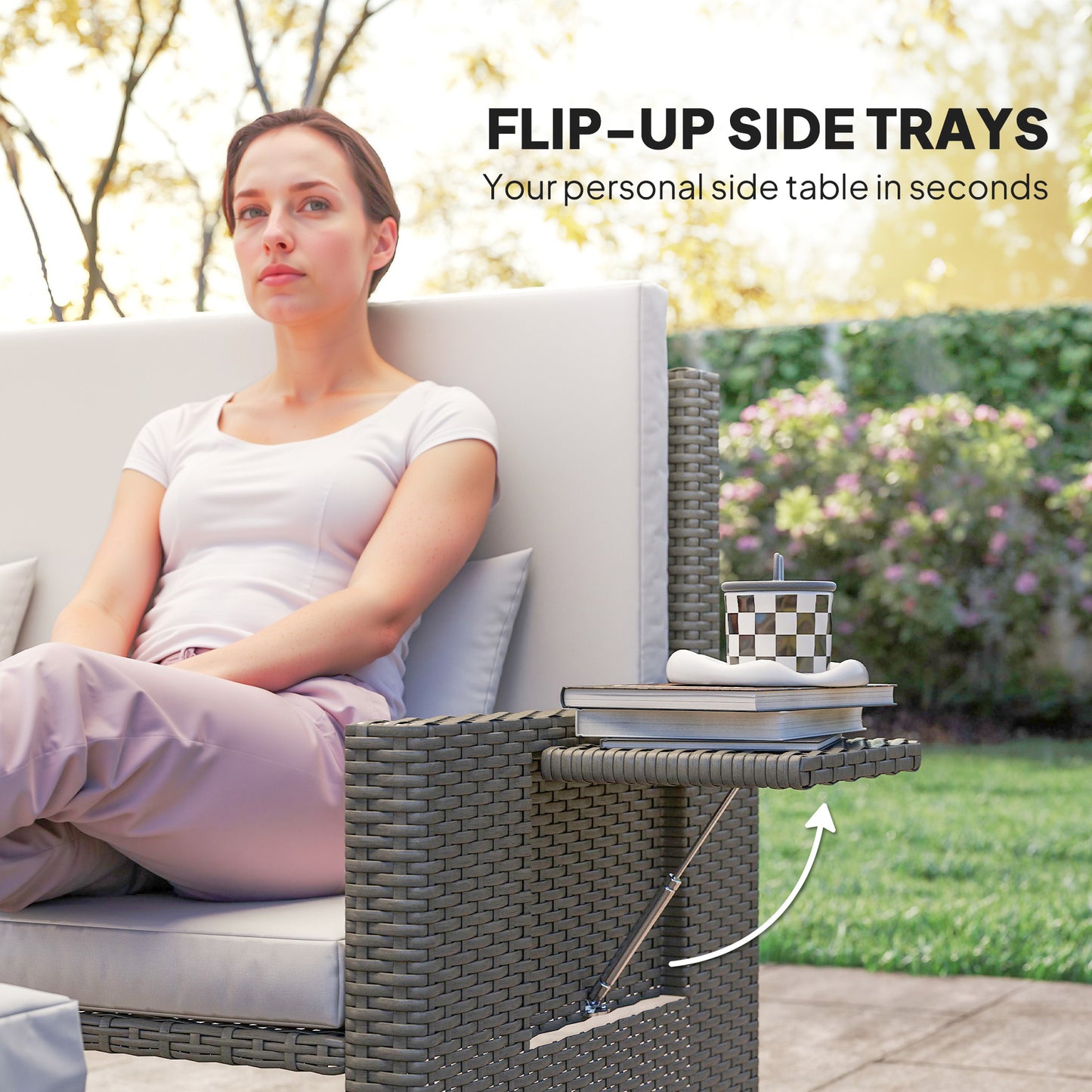 Taelre Rattan Light Grey Outdoor Daybed With Matching Footstool White Cushions