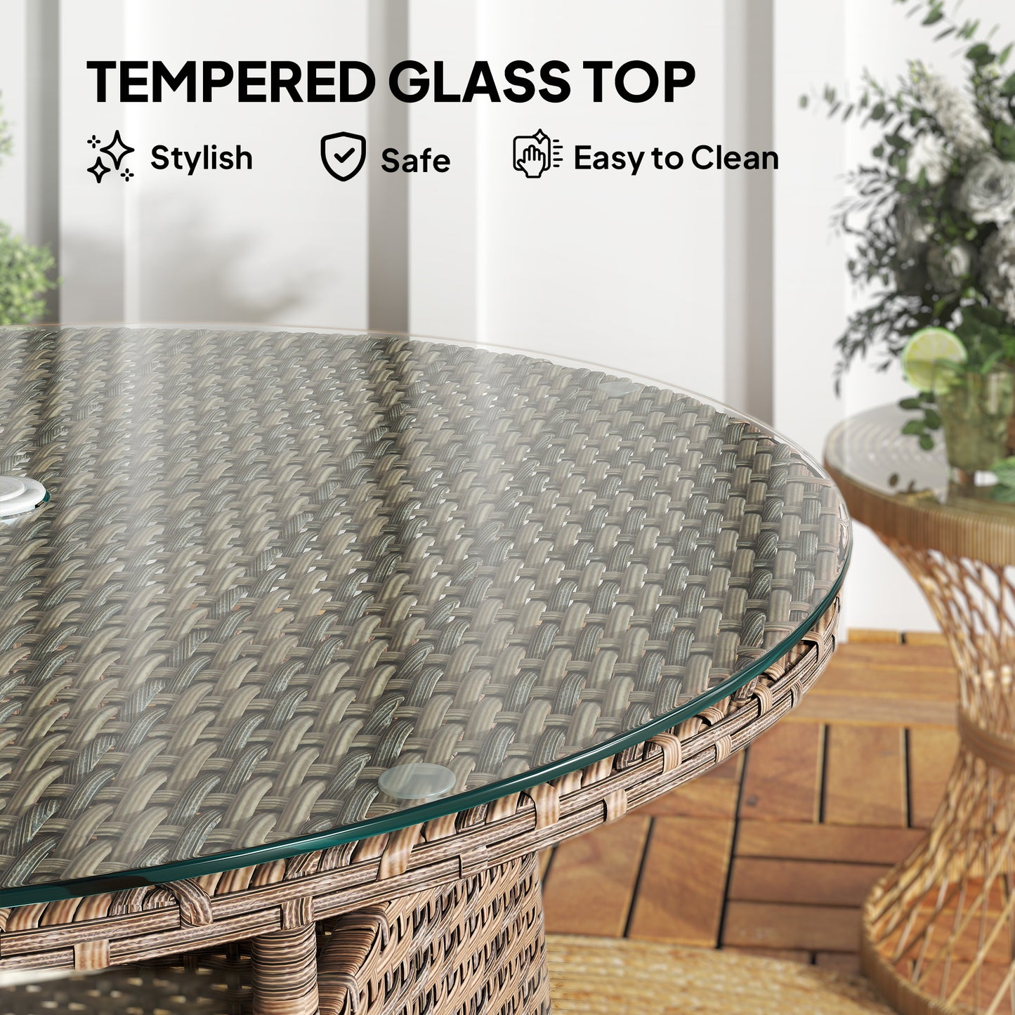 Rotasa Rattan Brown Outdoor Rpund Coffee Table With Tempered Glass Top And Parasol Hole