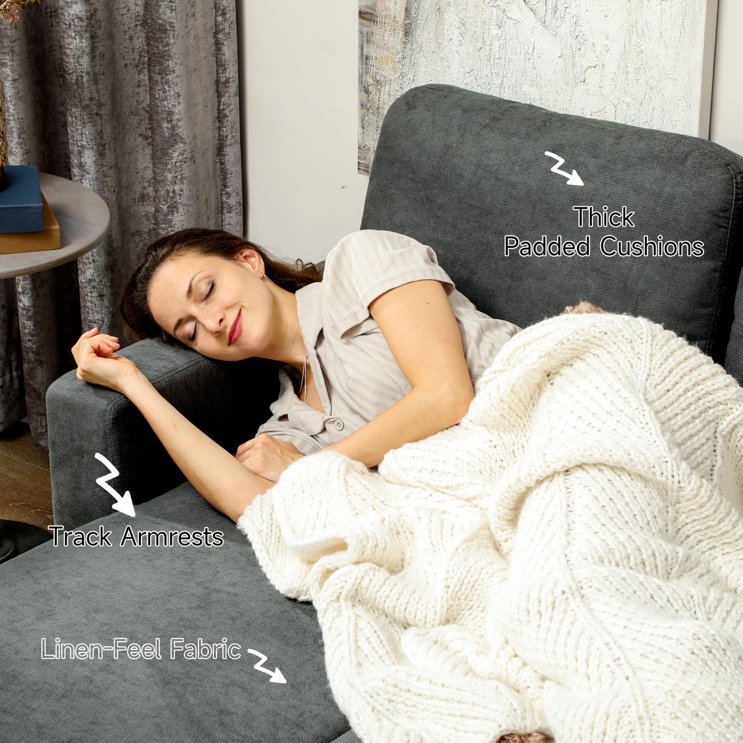 Sesune Yoli Charcoal Grey Upholstered Pull Out Sofa Bed With Storage and Side Pockets