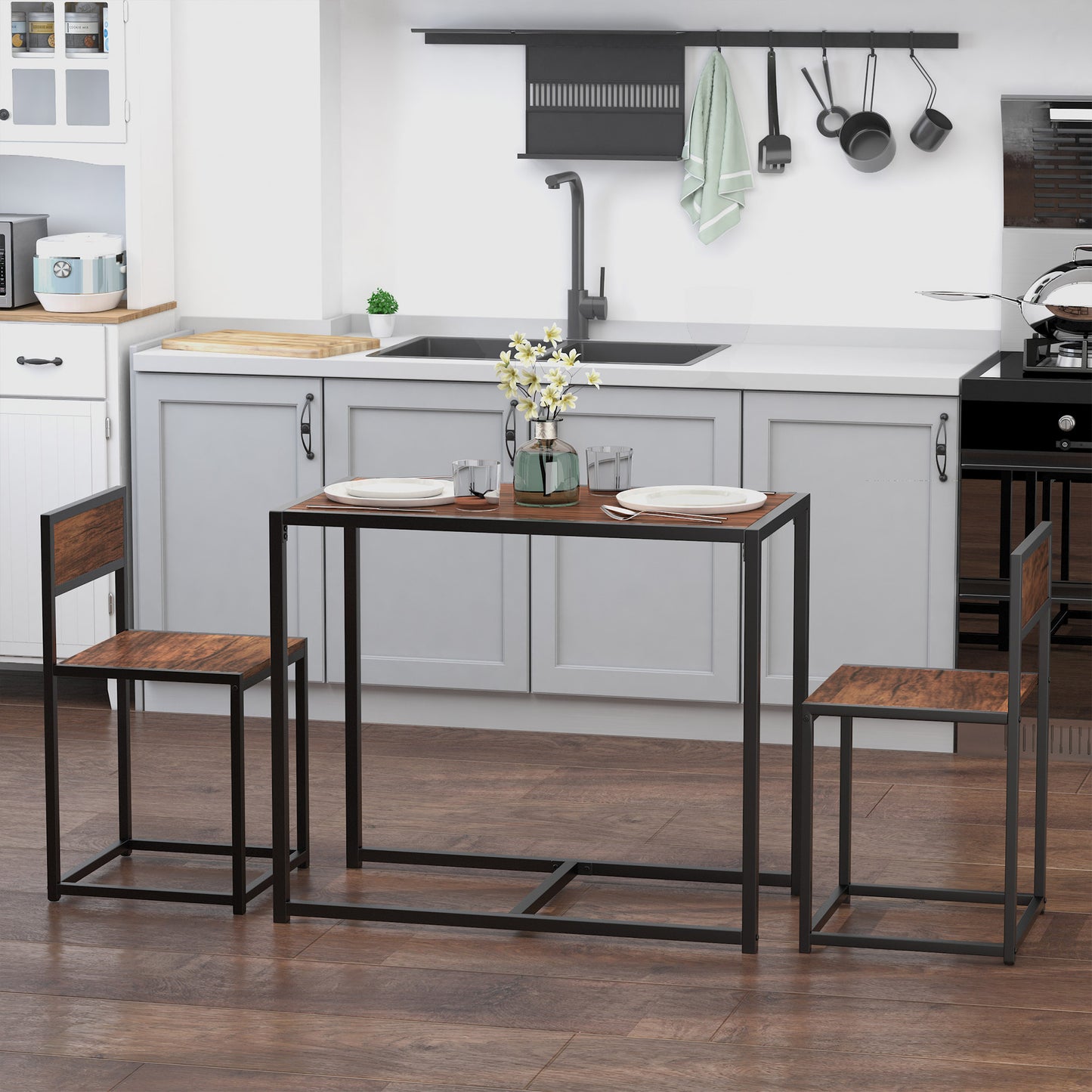 Lottopa Metal And Wooden Natural Compact Dining Table And Chair Set For Small Kitchens