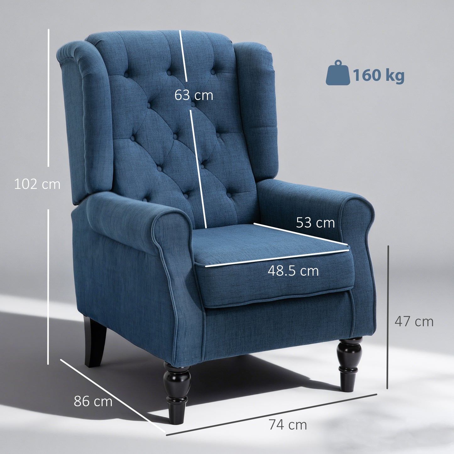 Letofi Fabric Blue Wingback Accent Chair With Button Tufted Upholstery