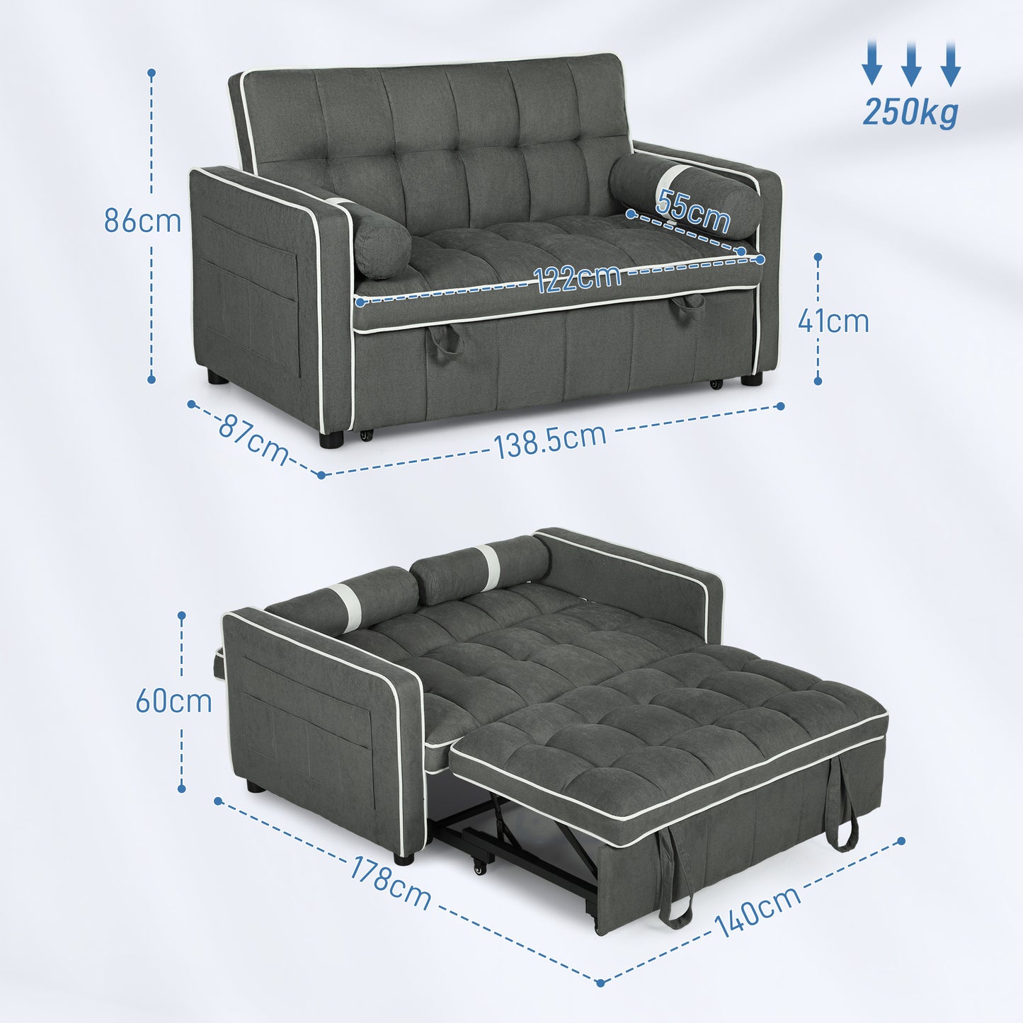 Tapa Linen Effect Dark Grey Upholstered 2 Seater Sofa Bed White Trim